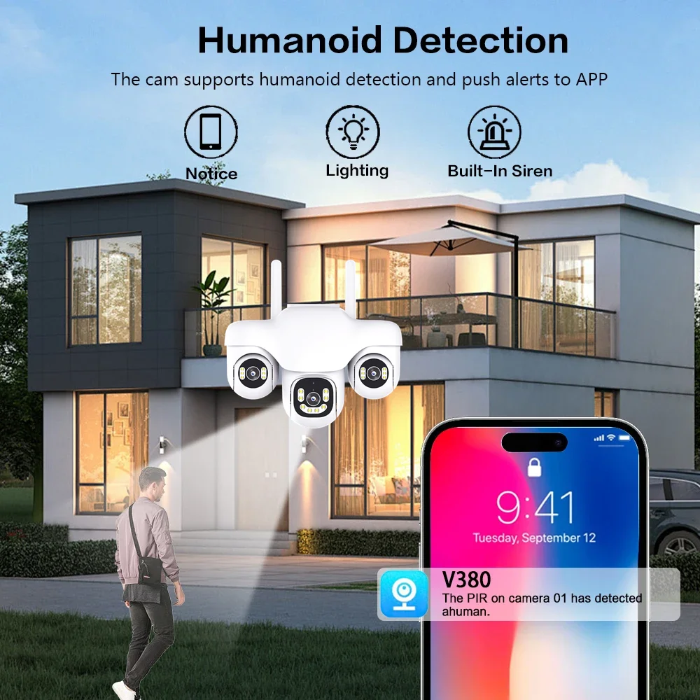 CCTV Camera 10X Zoom Three Screens V380 Pro Waterproof Outdoor Three Lens PTZ Control Home WiFi Night Vision Wireless Security