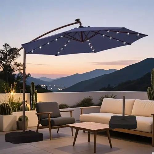10ft Offset Solar LED Cantilever Umbrella – Durable UV-Resistant Outdoor Patio Umbrella with Easy Tilt for Backyard