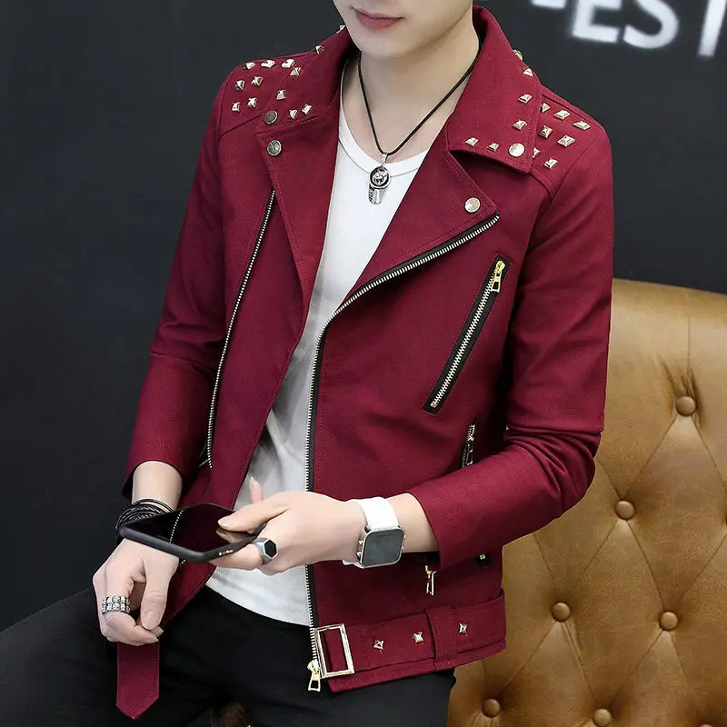 2024 Spring Autumn Men Clothing Rivet Youth Slim British Jacket Short Motorcycle Coat