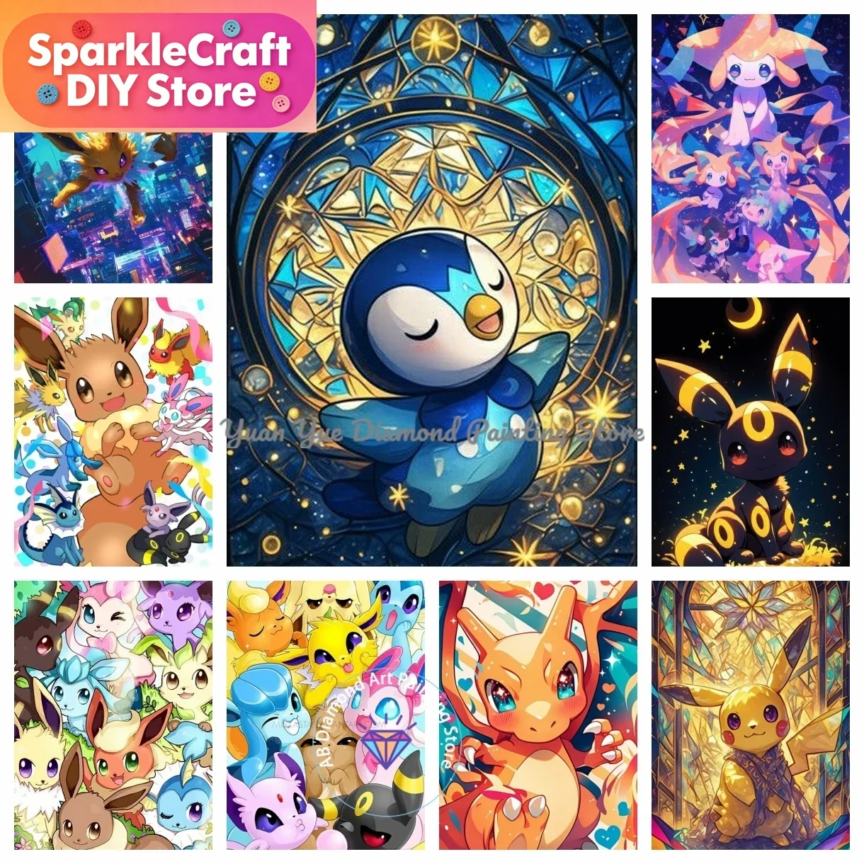 1 Stück rahmenloses Diamant-Gemälde Pokémon Eevee Mewtwo Charizard Pikachu 5D DIY AB Diamant-Malerei-Set Handgemachtes Kunstgeschenk C