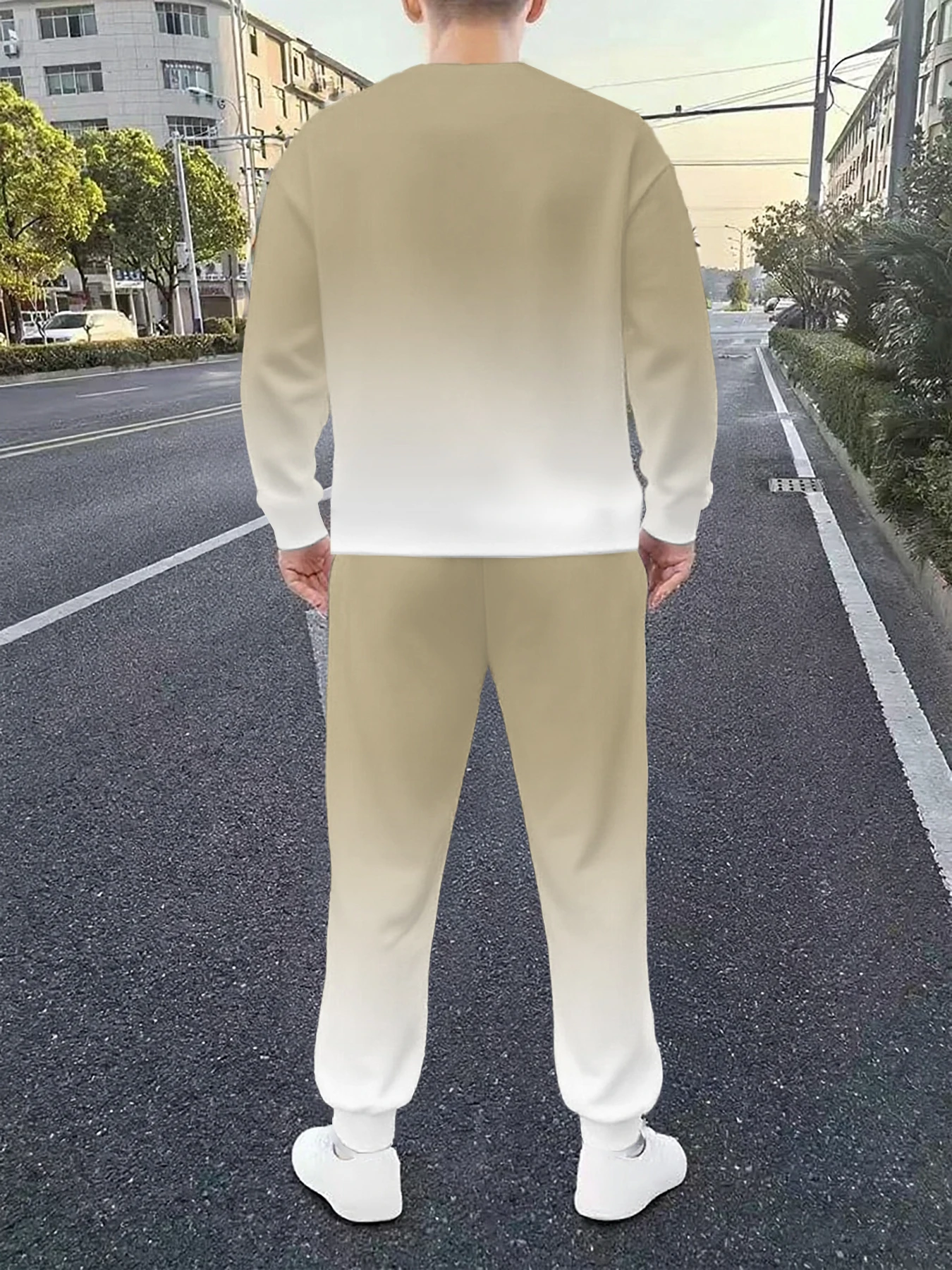 O novo conjunto de moletom masculino com gola redonda para primavera e outono apresenta conforto da moda de rua e impressão gradiente