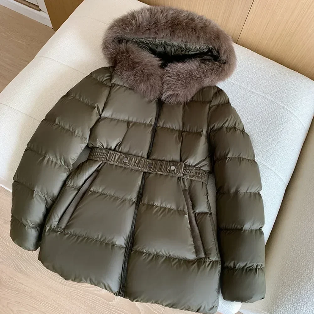 Down Jacket New Winter Warm Hooded Fashion Slim Waistband Fur Puffer Real Fox Fur Collar High Quality Light Luxury Women Coat