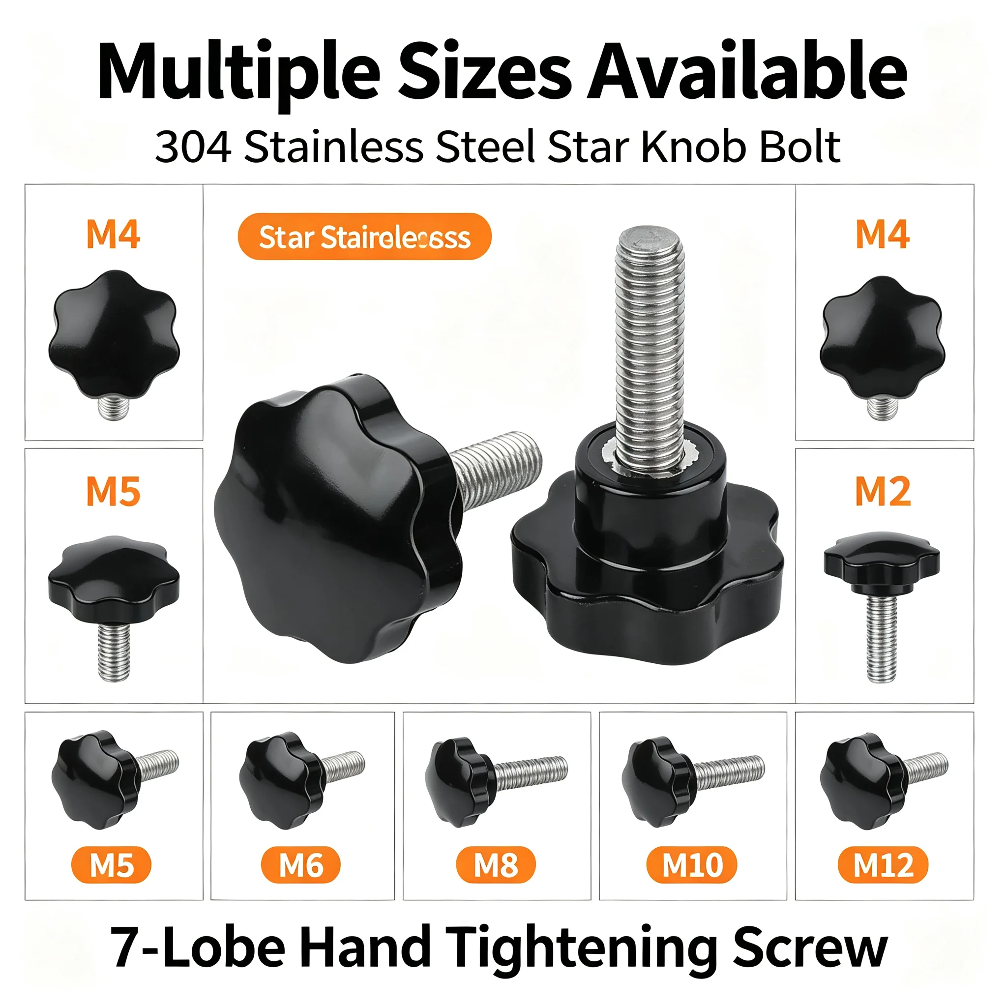 304 Stainless Steel 7‑Lobe Star Knob Bolt Hand‑Tight Thumb Grip Machine Screw M4 M5 M6 M8 M10 M12 for Jig Fixture Assembly