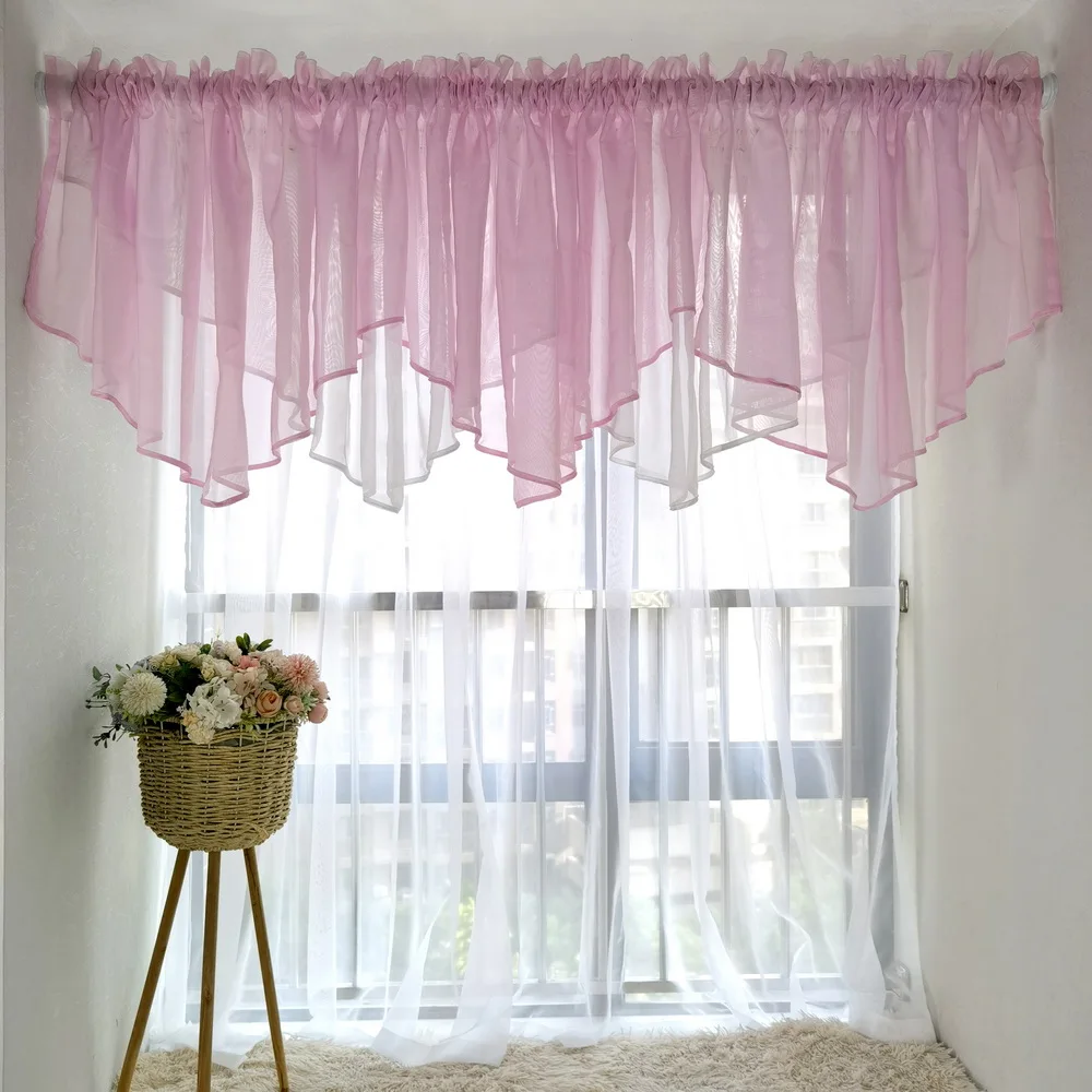 Pink White Staggered Tulle Short Curtains for Kitchens Extra Wide Windows Wavy Ruffled Valance for Doorway Rod Pocket Drapery