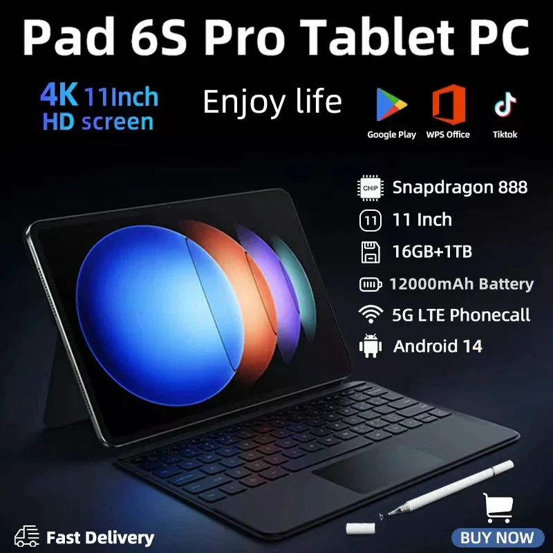 Globale Versie Originele Nieuwe Hd 4K Pad 6S Pro Tablet Pc 11Inch Android 14 16Gb + 1T 12000Mah 5G Dual Sim Bluetooth Wifi Gps Tab