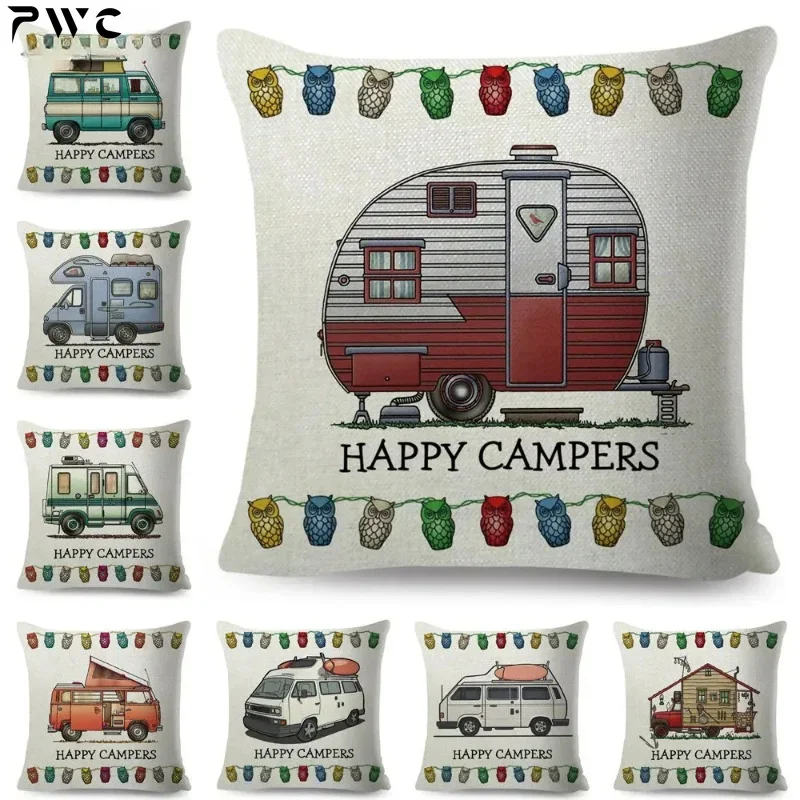 House Travel Car Happy Camper Pillow Case Decor Cartoon Van Life Cushion Cover for Sofa Home Children Room Pillowcase 45x45cm