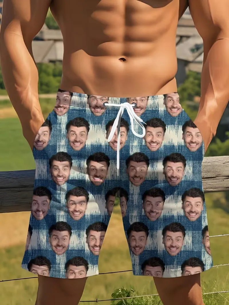 

Забавные пляжные шорты с индивидуальным дизайном для мужчин, с персонализированным фото и клетчатым принтом, быстросохнущие плавки для уникальных подарков, мужские шорты для отпуска