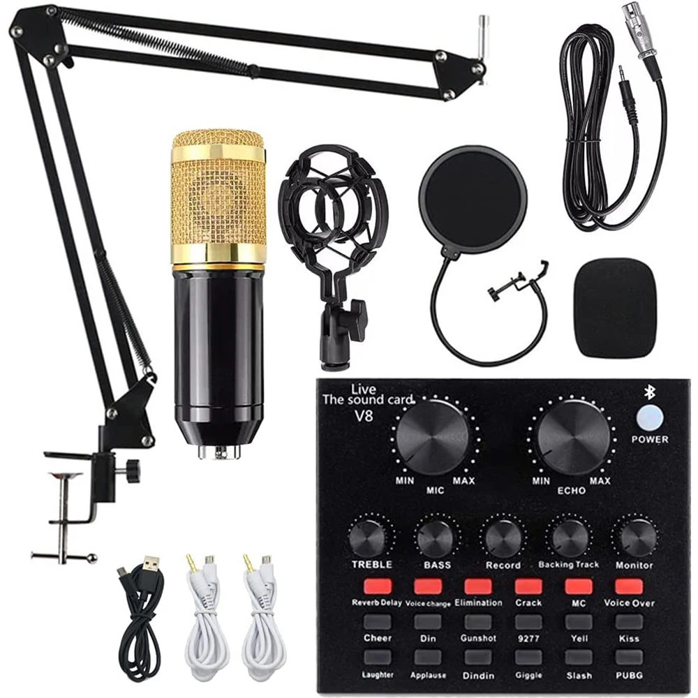 

Micfuns V8+BM800 Sound Card Kits Audio Interface Condenser Microphone with Bluetooth USB for Live Streaming Youtube Recording