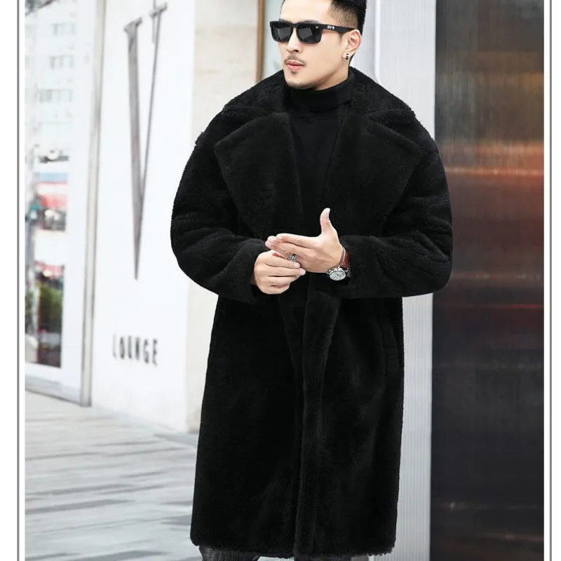 Warm Winter Men Leather Jacket Wool Long Alpaca Coat Fur Windbreaker Faux Fur Coat Windproof Outerwear Casual Fashion
