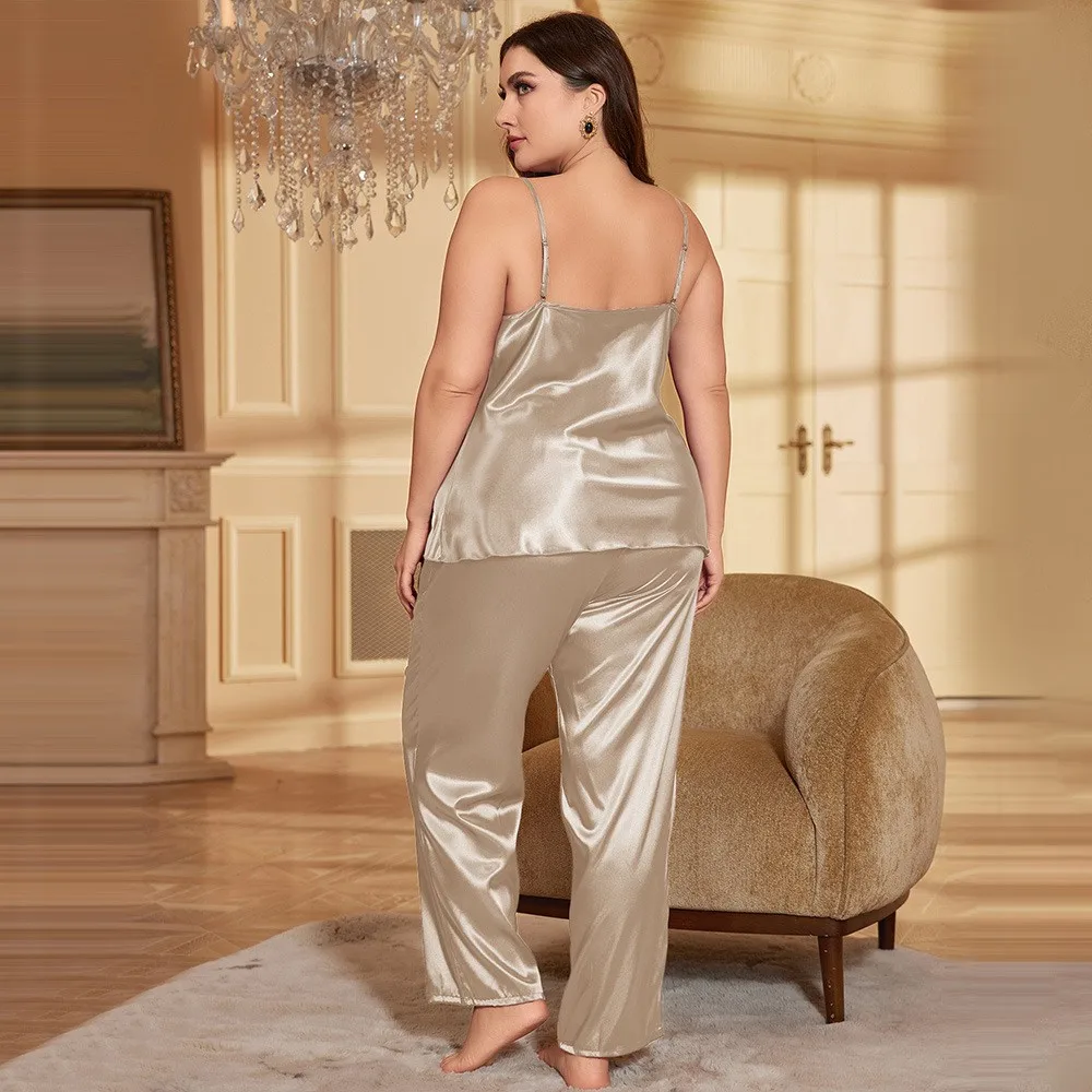 Big Size XL-5XL Pajamas Set WOMEN Sleepwear Pyjamas Suit V-Neck Nightwear Trouser New Summer Casual Silky Satin Home Wear