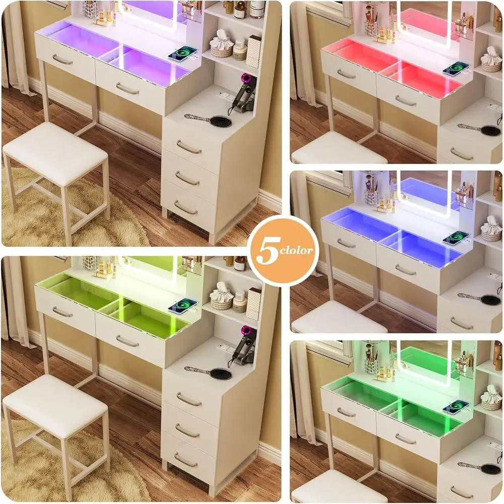 43 LED-lit Makeup Vanity Desk with Glass Top, Wireless Charging, RGB Drawers, 3 Light Colors & Power Outlet Switch image 6