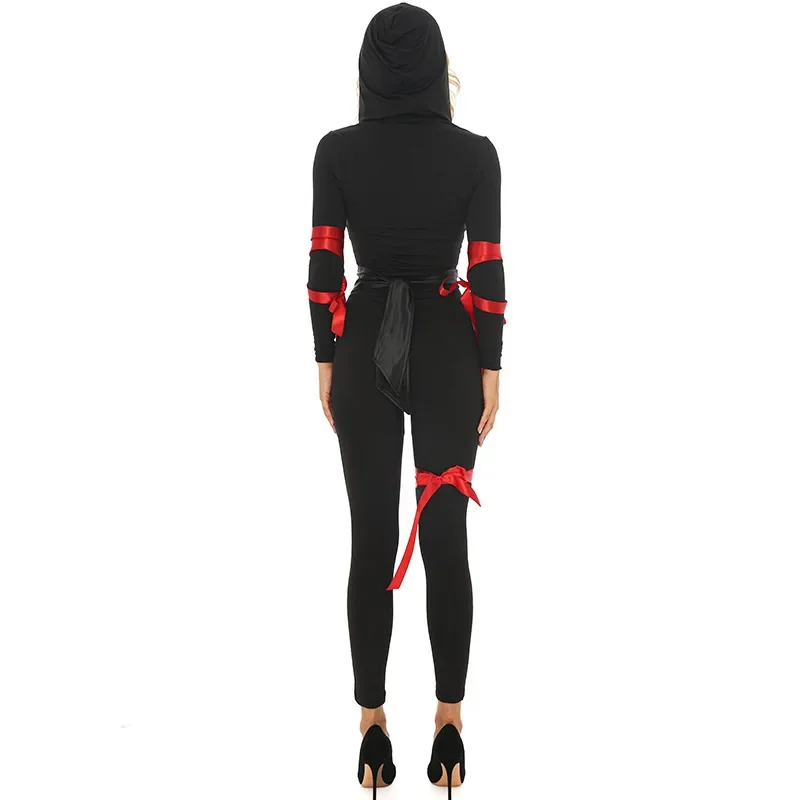 Halloween Women Red Black Sexy V Neck Jumpsuit Purim Game Role Play Samurai