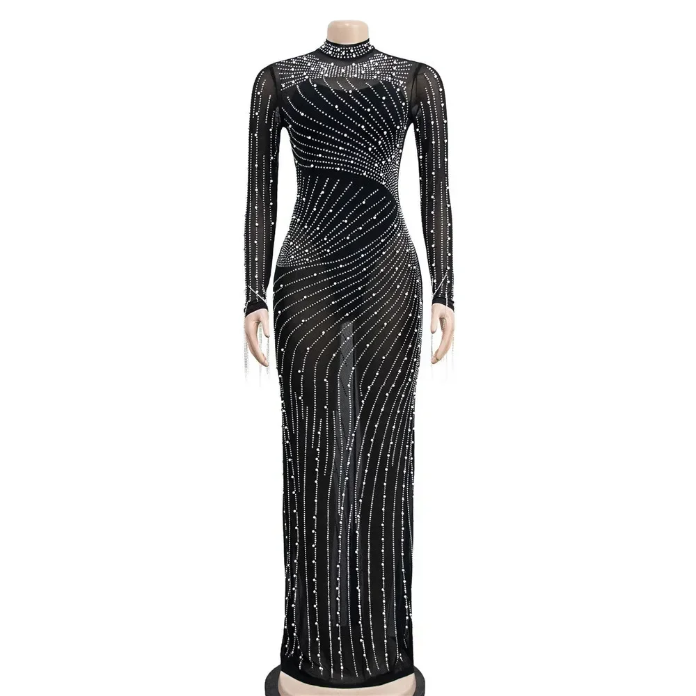 Foto cristales de perlas fotografía de maternidad Maxi vestidos de manga larga malla elástica mujer embarazada Baby Shower vestido largo tiro