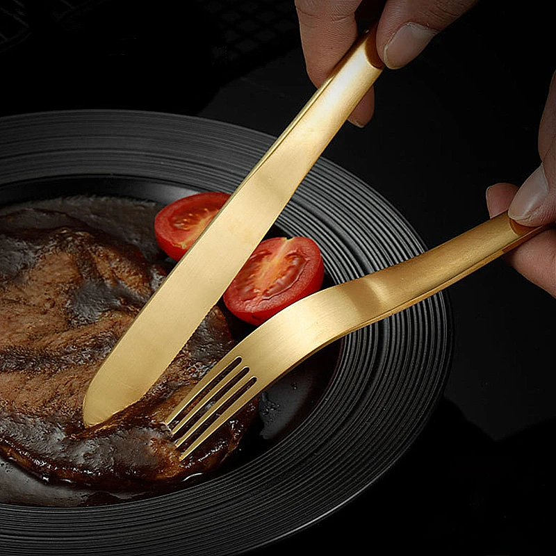 Golden Matte Cutlery Set Thickened Stainless Steel Creative Steak Knife Dessert Fork Spoon Dinnerware Set Kitchen Tableware