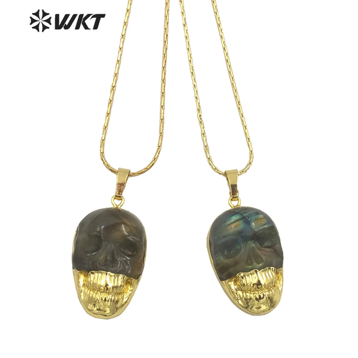 WT-N1461 Wholesale Fashion Gold Dipped Natural Flashy Stone Hand Carving Labradorite Skulls Necklace