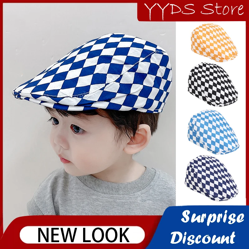 Korean Version of Children's Peaked Hat Trendy Hip-hop Forward Hat Fashion Blue Color Matching Diamond Plaid Baby Peaked Hat