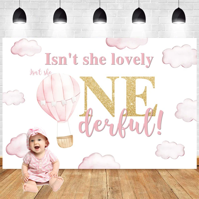 

Newborn 1st Birthday Backdrop Girl Hot Air Balloon Cloud Decorations 1 Year Party Photo Background Baby Shower Photography Props