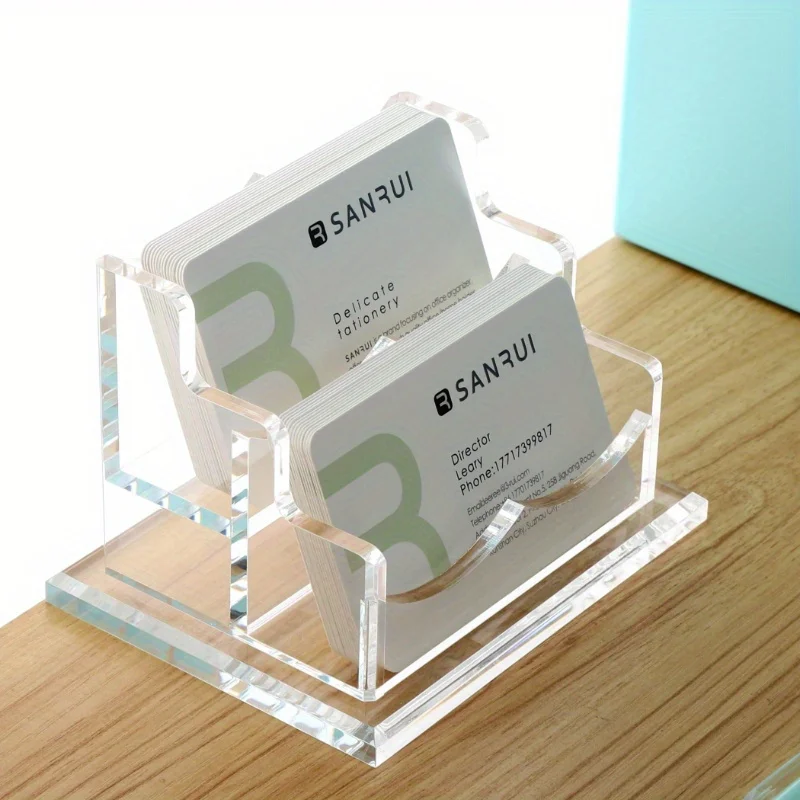 Business Card Holder For Desk 2 Tier 2 Slots, Clear Acrylic Business Card Display Stand, Holds100 Cards-1 Pack (2 Slots-H)