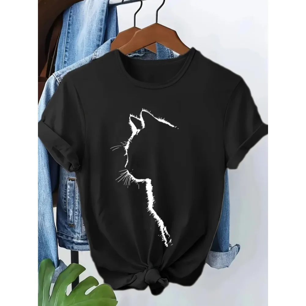 Minimal Frayed Cat Silhouette Graphic Tee, Simple Hand Drawn Cat Profile Art Print, Casual Unisex Cotton Short Sleeve T-shirt