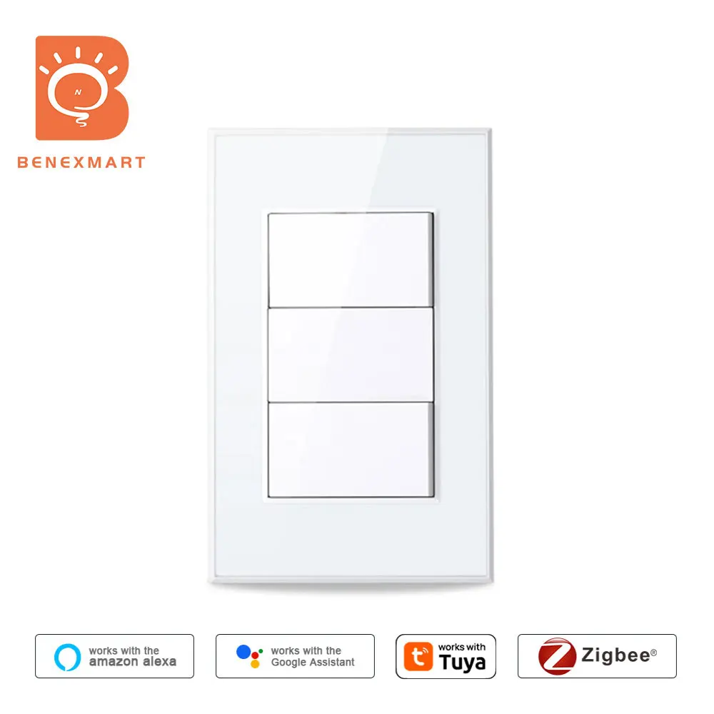 

Benexmart Zigbee Wall Light Switch With Neutral Interruptor 1/2/3 Gangs Push Button Switches Work with Tuya Alexa Google Home