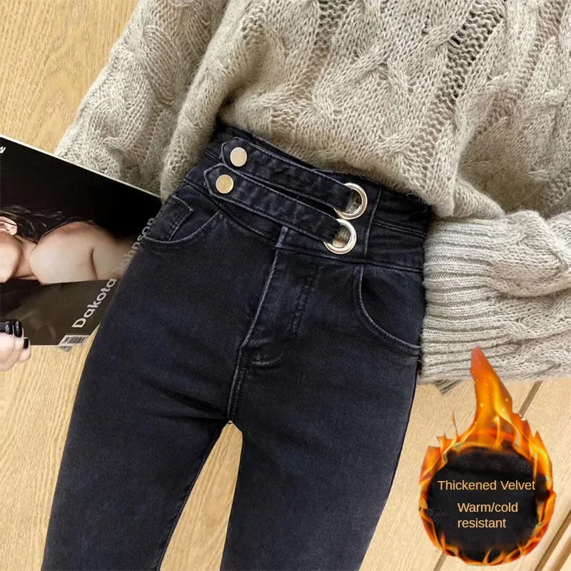 

Stylish and Slimming High Waisted Jeans for Women Autumn/Winter Black Stretch Denim Pants Jeans Woman Fleece Thick Black Jeans