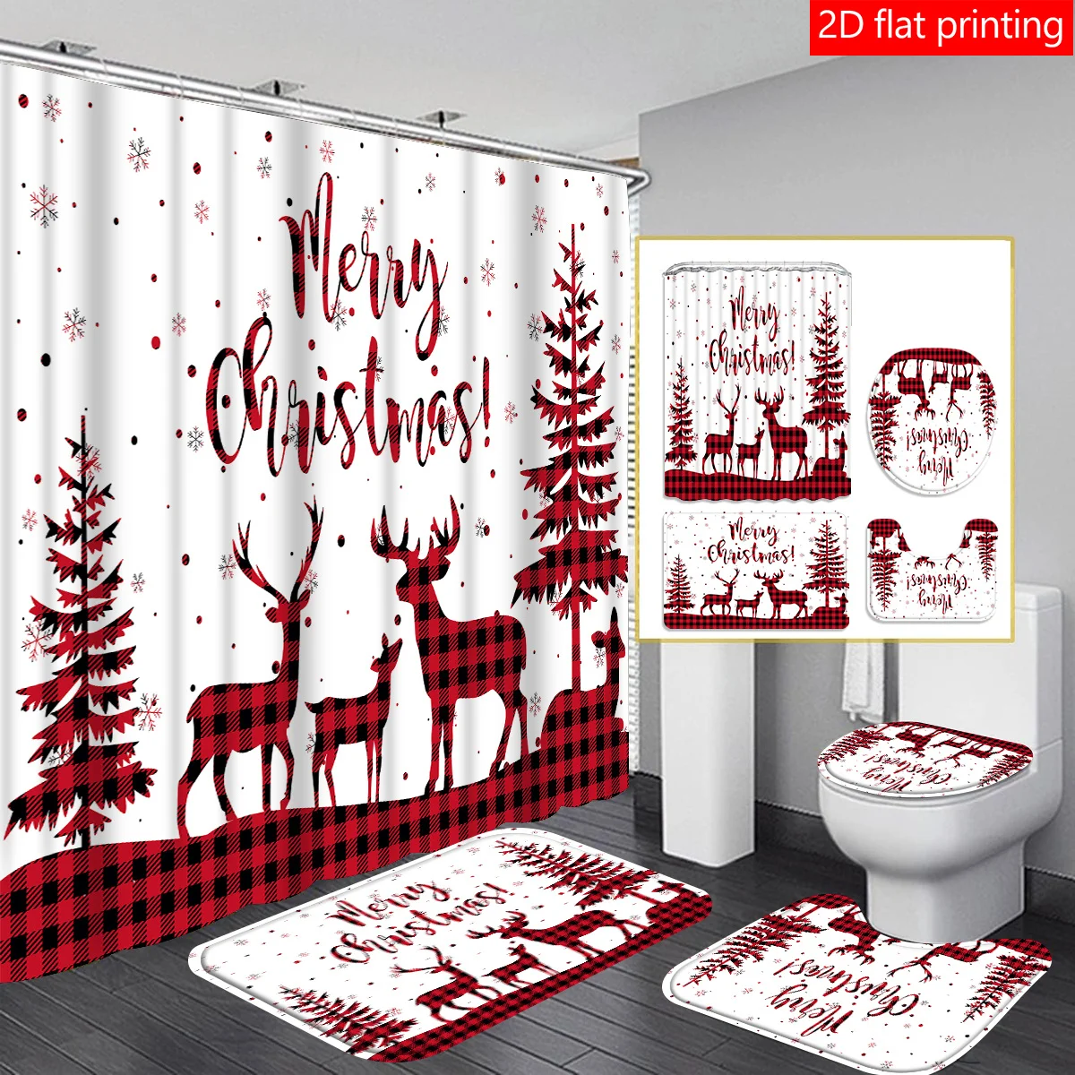 

4PCS Christmas Tree simple shower curtain Set, 2D Flat Printing bathroom partition curtain, home decoration, modern home curtain