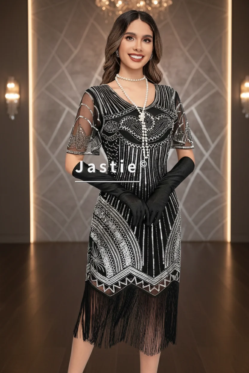 Anni '20 Gatsby Nero Oro Flapper Abito a maniche corte Sheer Mesh Paillettes Art Deco Abito Frangia Orlo Retro Vintage Party Donna Abiti