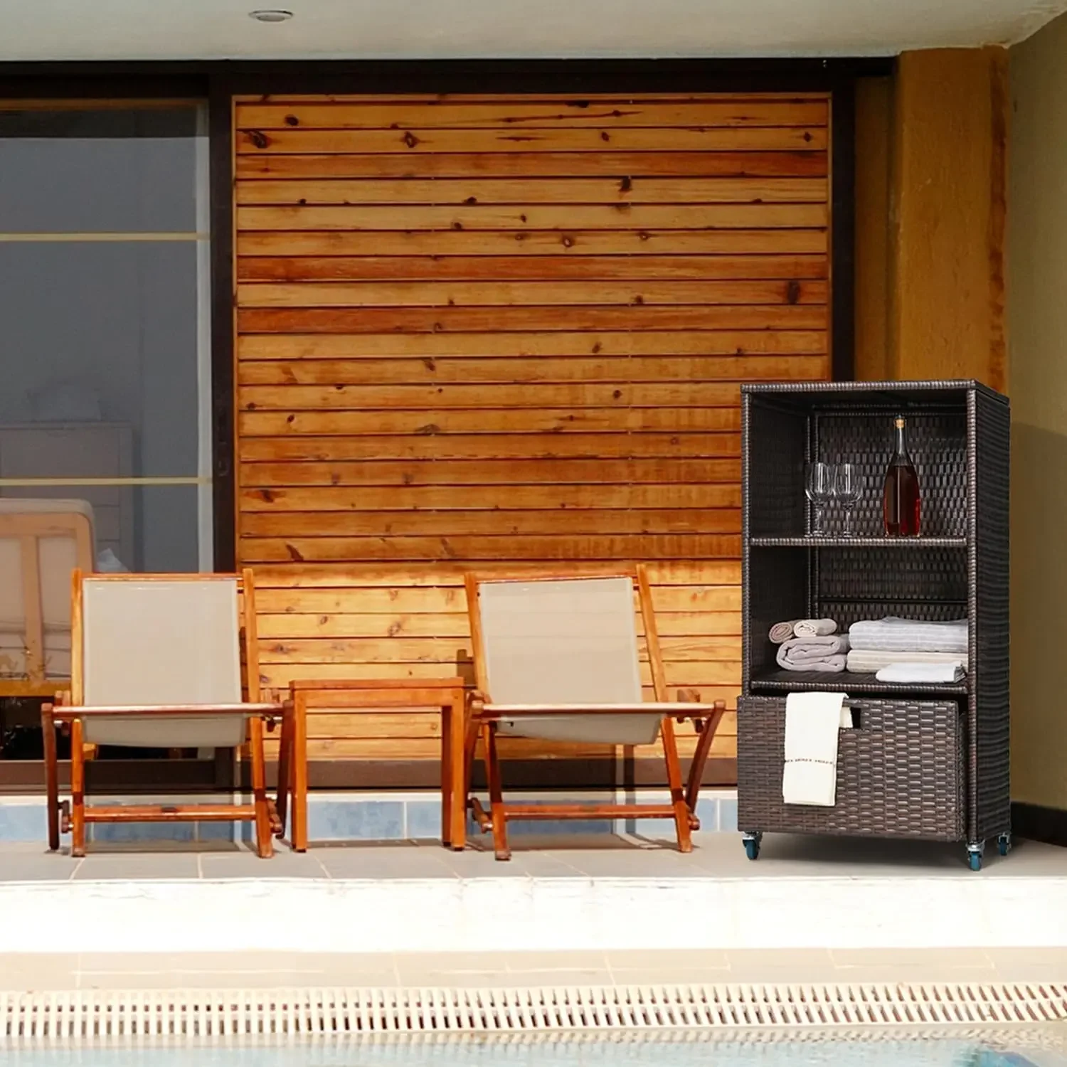 [High-Quality, Hot Deal!]Outdoor Pool Towel Storage Cabinet Organizer Towel Valet Rack with Storage Shelves & Drawer Patio Wicke