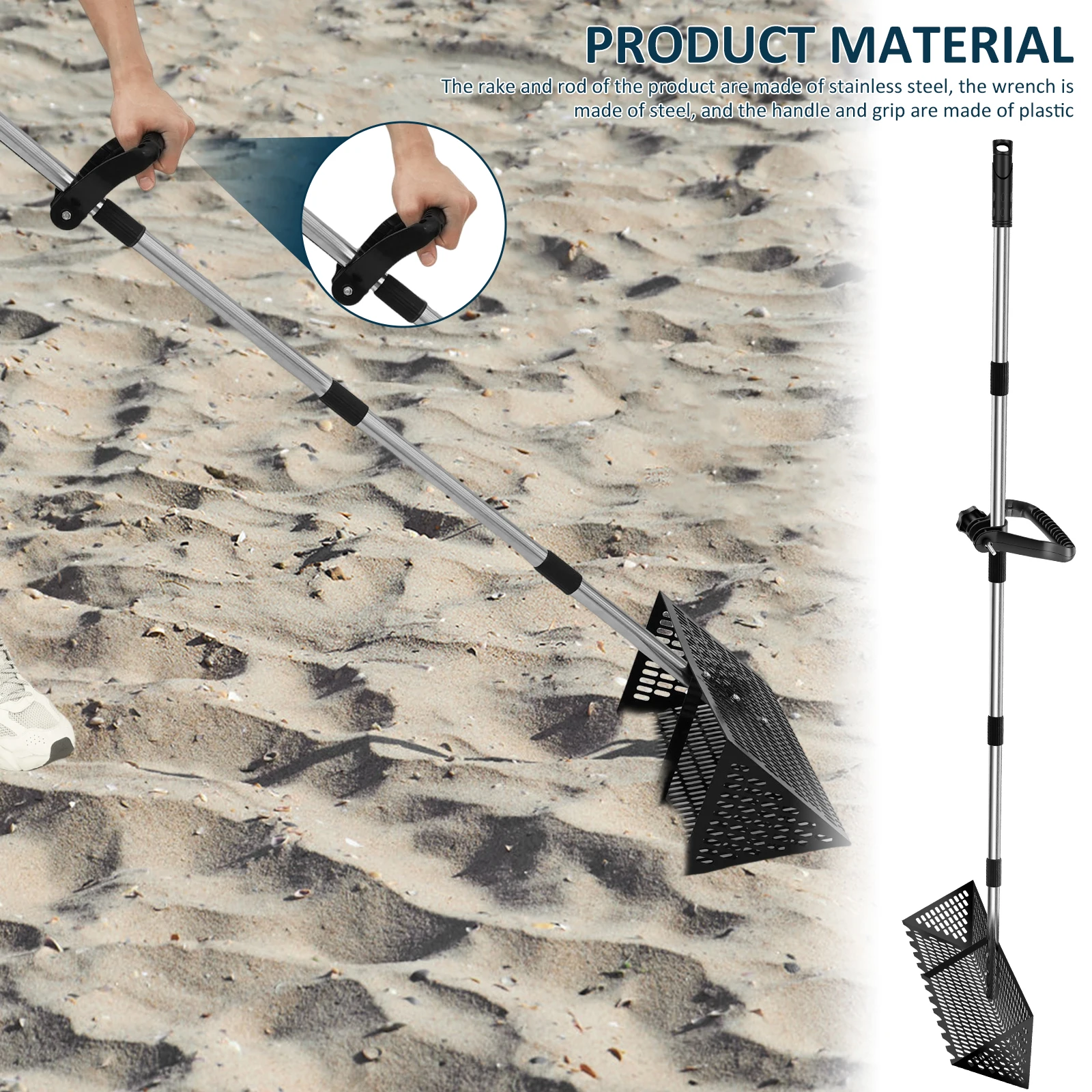 الرمال البراغيث أشعل النار الفولاذ المقاوم للصدأ الرمال المغربل انفصال 52/68 بوصة مقبض طويل للطي القرش الأسنان المغربل ل كراب رمل الشاطئ #6