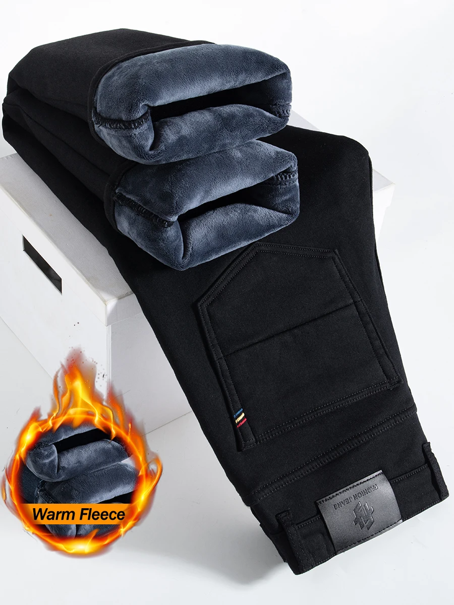 2026 Winter Jeans Men's Warm Fleece Straight Leg Denim Pants Fashion Casual Business Korean Youth Thicken Thermal Trousers