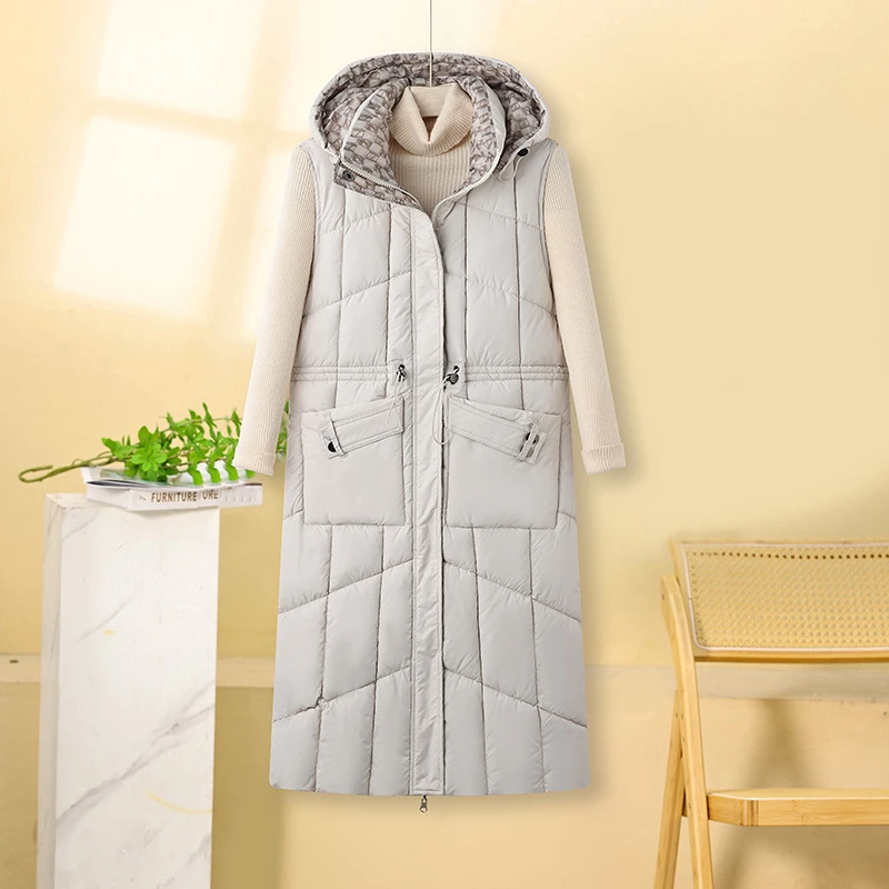 Long Parka Waistcoat Winter 2025 New Women's Vest Jackets Fashion Double Sided Loose Hooded Down Cotton Vest Coat Checked Lining