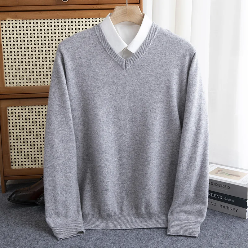 Classic Seamless 100% Pure Wool Pullover Men Basic Knitwear Sweater V-Neck Long Sleeve Business Soft Warm Thick Clothing Tops