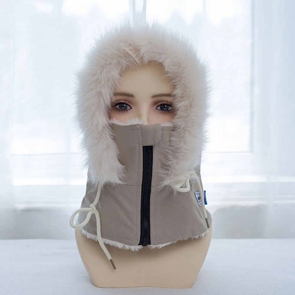 Thick Fleece Lined Winter Balaclava Hat Fluffy Faux Fur Trim Windproof Thermal Hooded Scarf Unisex Design Zipper Adjustable
