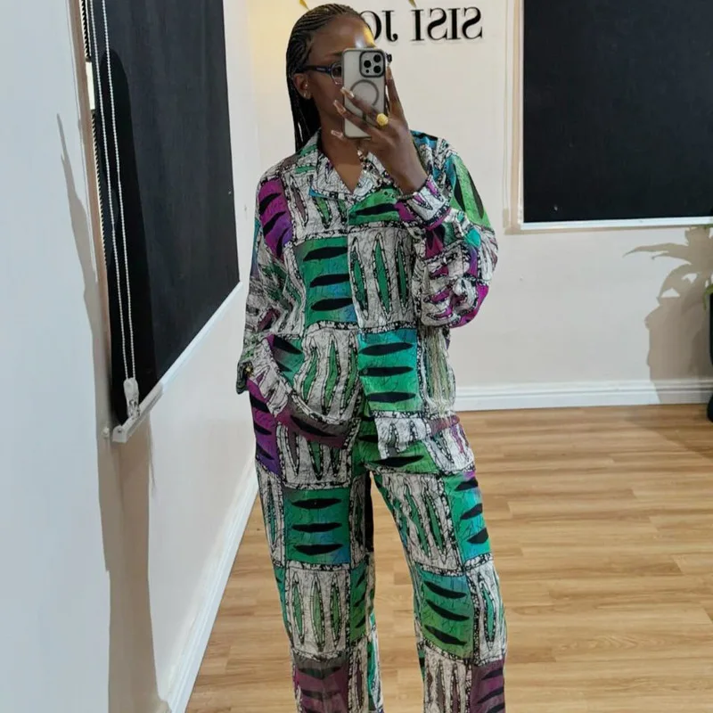 

Pants Set Women Two Piece Sets Print Turn Down Collar Matching Sets Single Breasted Shirt Tops Wide Leg Long Pants Casual Loose