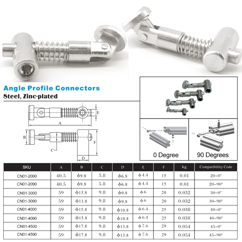 Bevel Connector Built-in Angle Profile Connector for 2020 3030 4040 4545 Aluminum Linear Rail 0 Degree 90 Degree