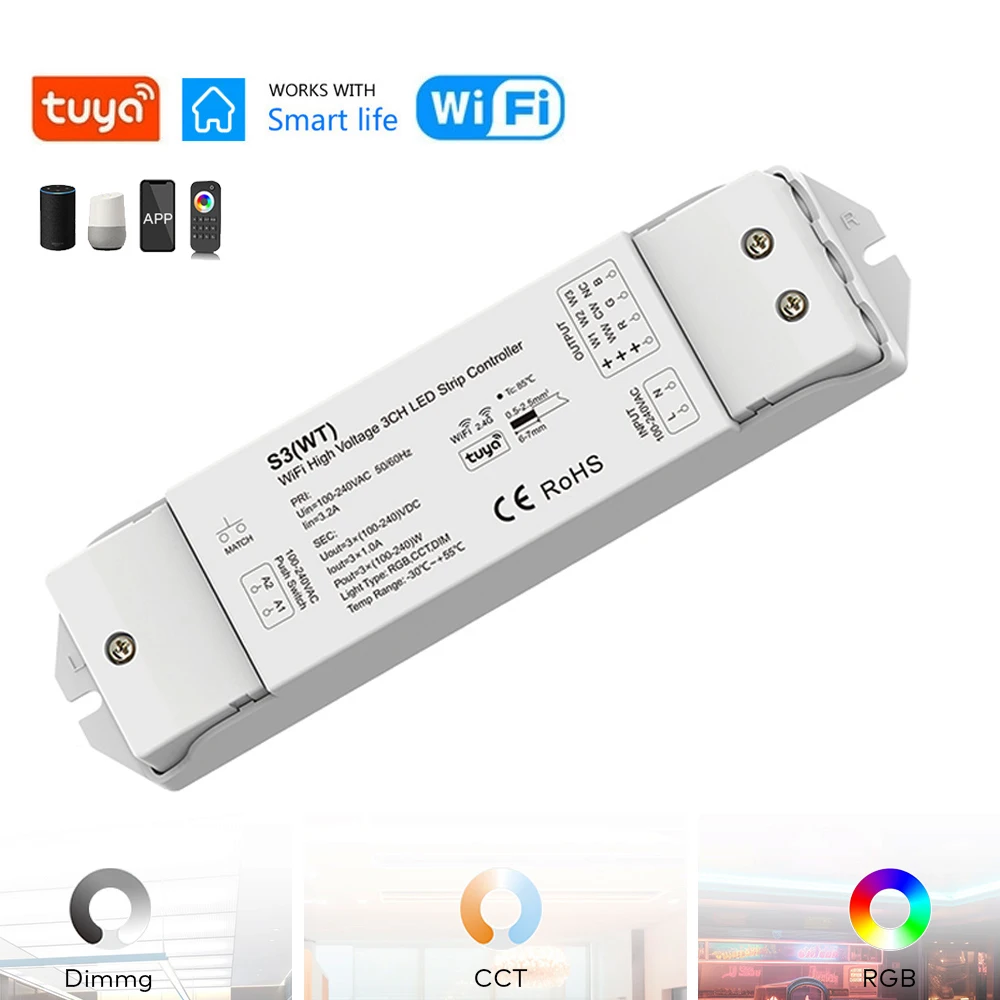 Tuya WiFi 3CH Voltage LED Strip Controller 110V 220V 230V RGB W CW RF 2.4G Voice Remote Dimming Control for Alexa Google Home