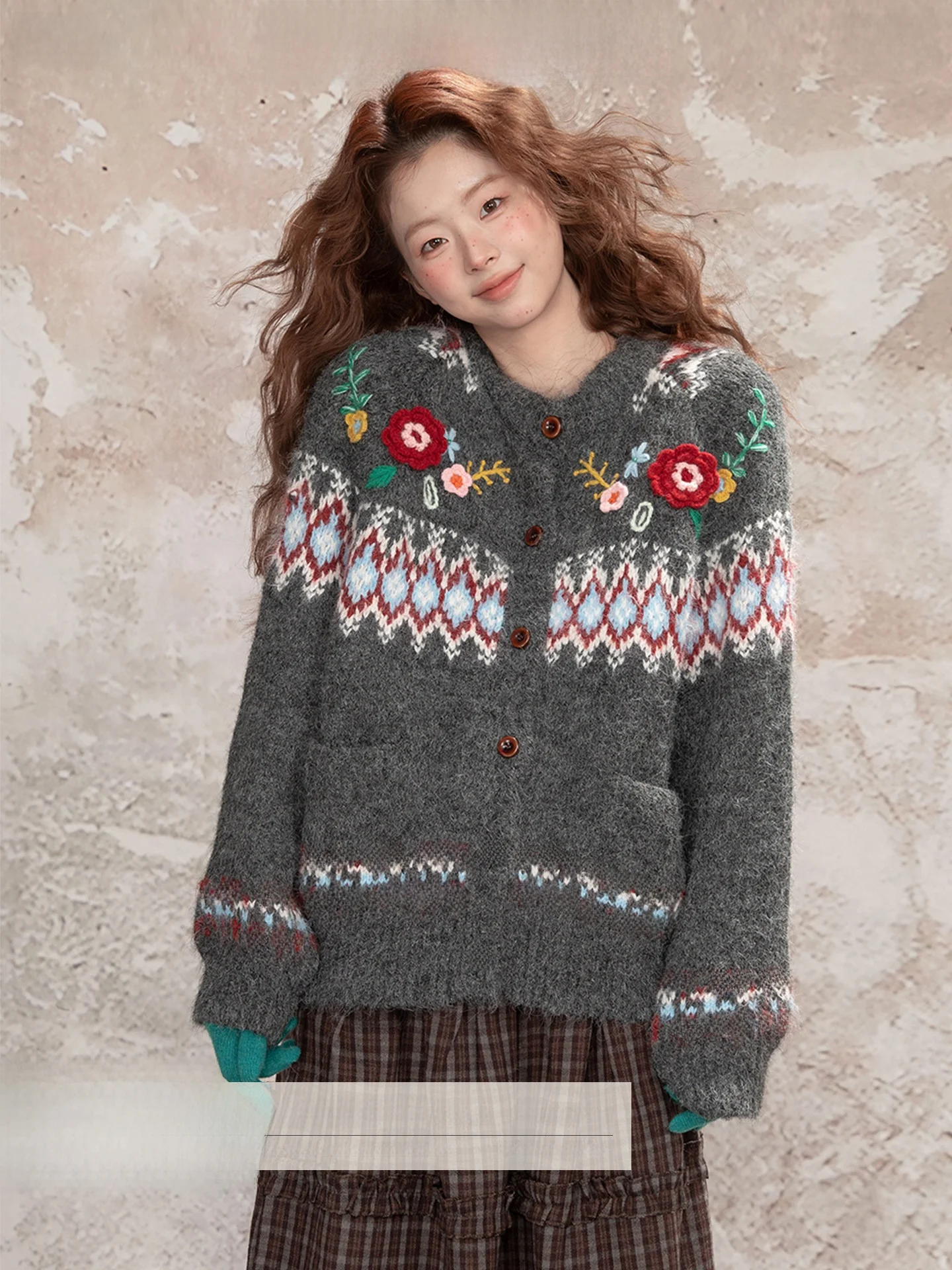 

Loveheynew Винтажный кардиган-свитер с 3D-цветами Fair Isle, женский, зимний, повседневный, теплый, свободного кроя, в университетском стиле