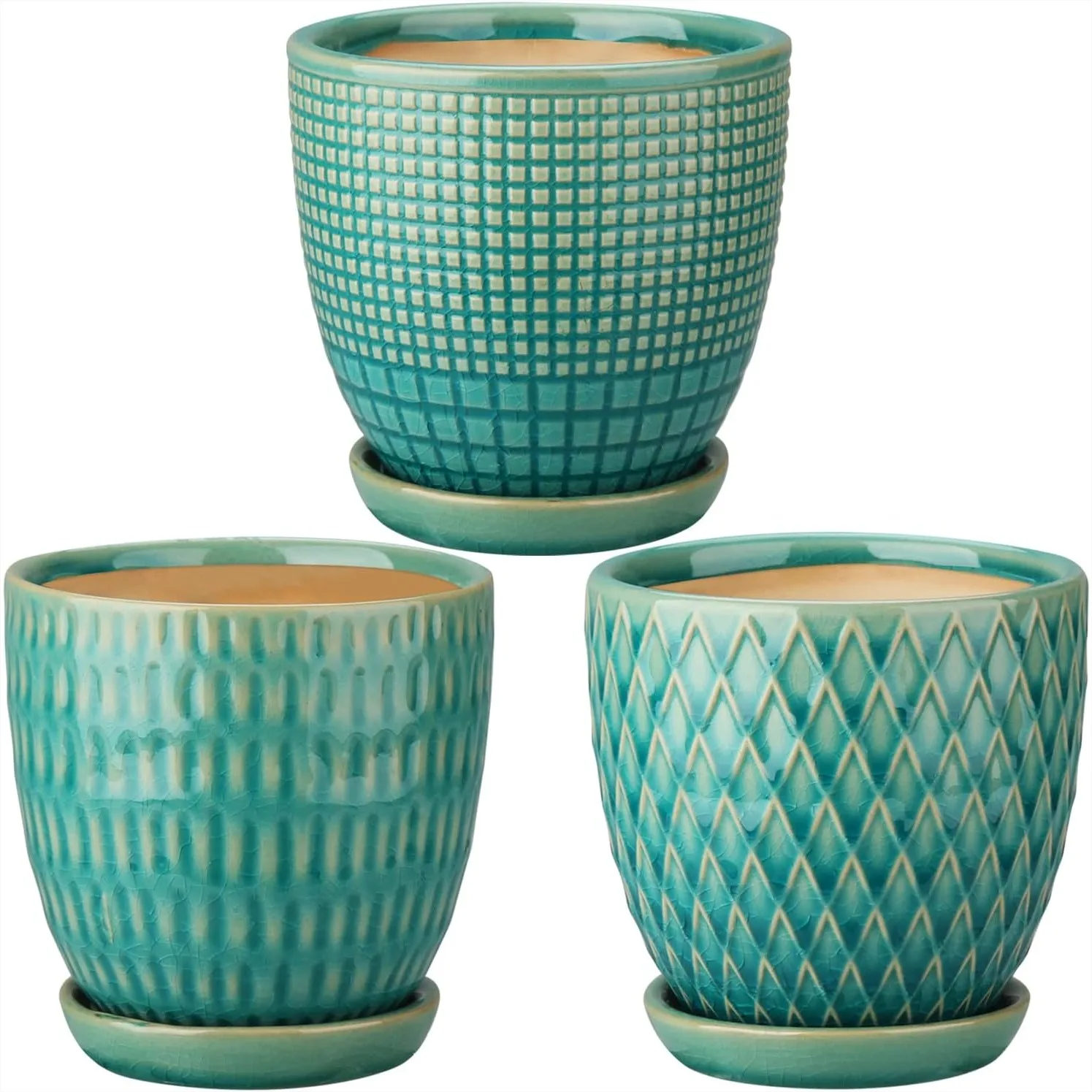 

4 inch Ceramic Planters Pots for Indoor Plants, 3 Set Small Round Flower Pots with Drainage Hole and Tray for Succulents Cactus