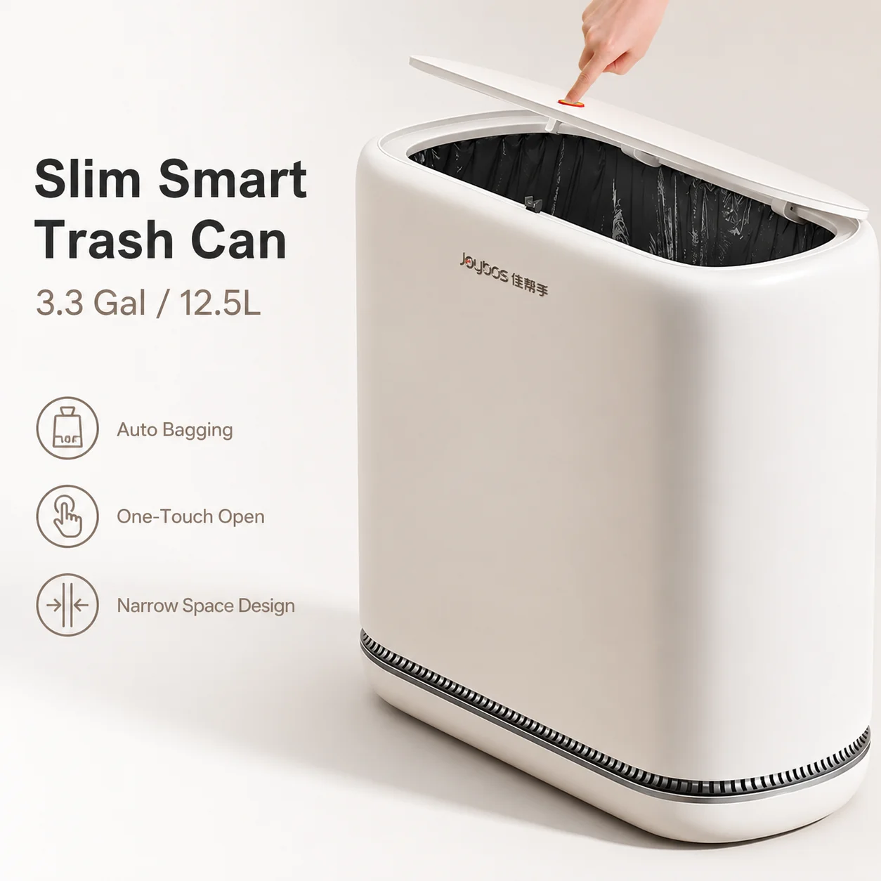 Joybos 3.3 Gallon Slim Trash Can For Bathroom, Auto-Bagging & One-Press Lid, 12.5L Large Waste Bin For Narrow Gap, Modern Hands-Free Garbage Pail For Bedroom Office
