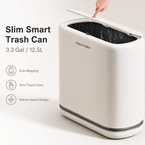 Joybos 3.3 Gallon Slim Trash Can For Bathroom, Auto-Bagging & One-Press Lid, 12.5L Large Waste Bin For Narrow Gap, Modern Hands-Free Garbage Pail For Bedroom Office