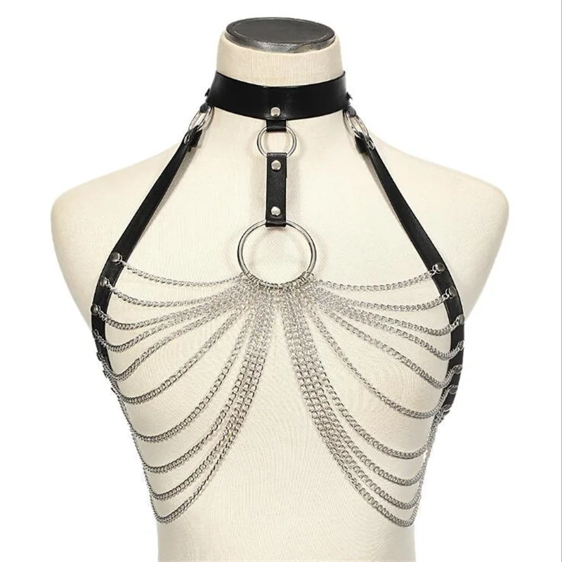 Goth Leather Body Harness Chain Bra Top Chest WaistBelt Witch Gothic Punk Fashion Metal Girl Festival JewelryAccessories