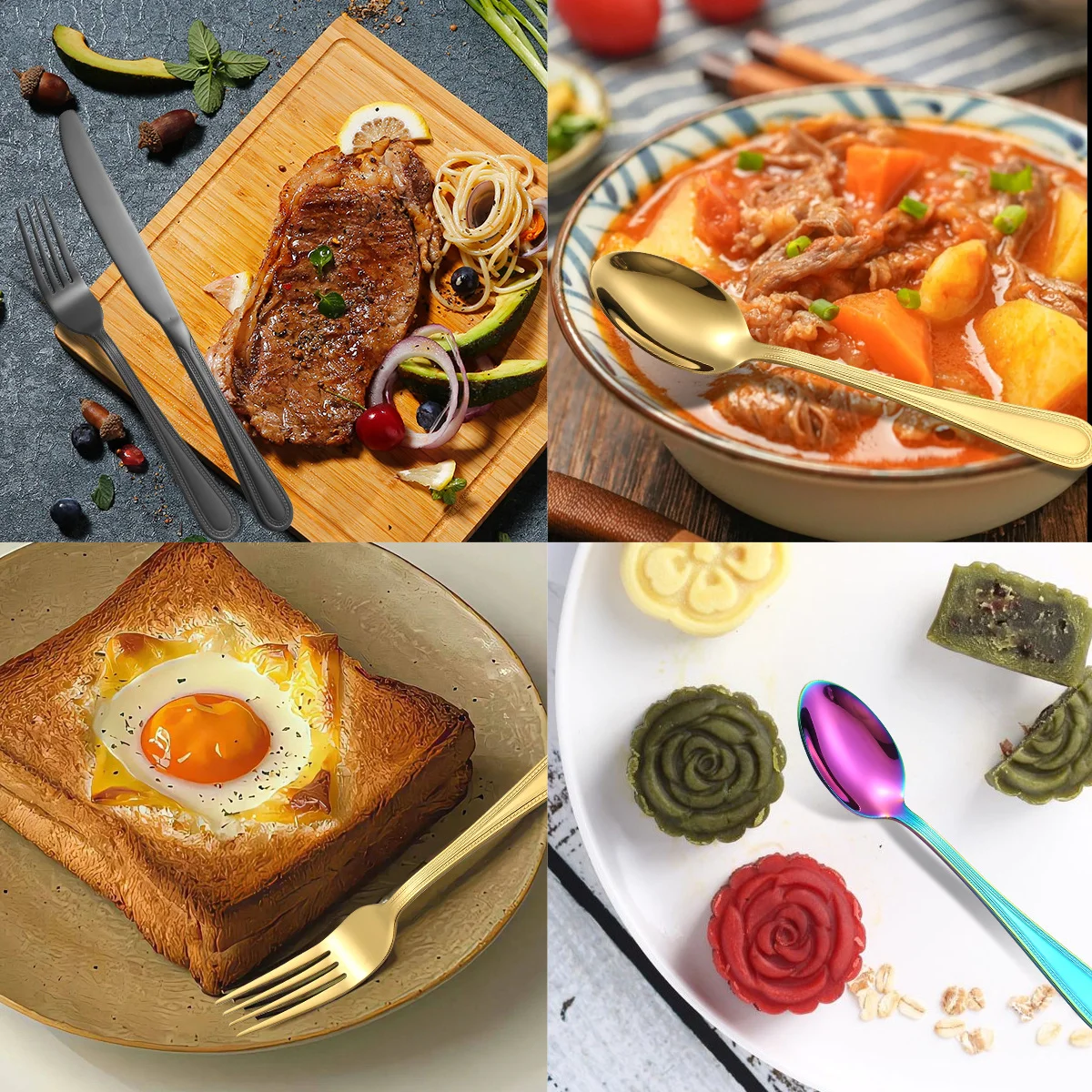 6/16/24-Piece Stainless Steel Cutlery Set Luxury Gold Ball Steak Cutlery Dessert Spoon, Suitable for Holiday Parties.