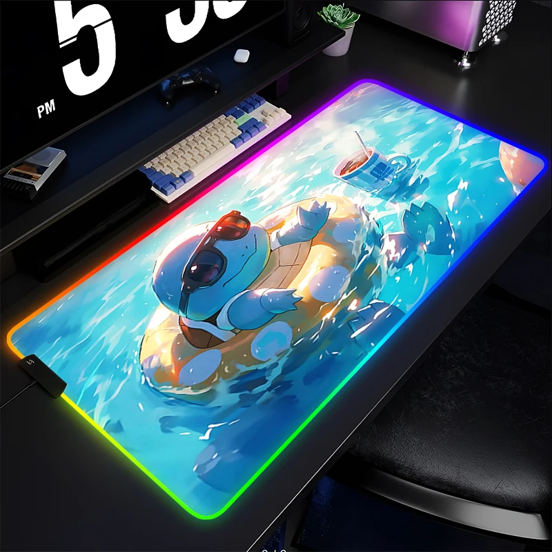 

RGB Backlight Rubber Mouse Pad P-Pokemon Squirtle Anime Gabinete Game Computer LED Desk Mat Keyboard Gaming Accessories Mousepad
