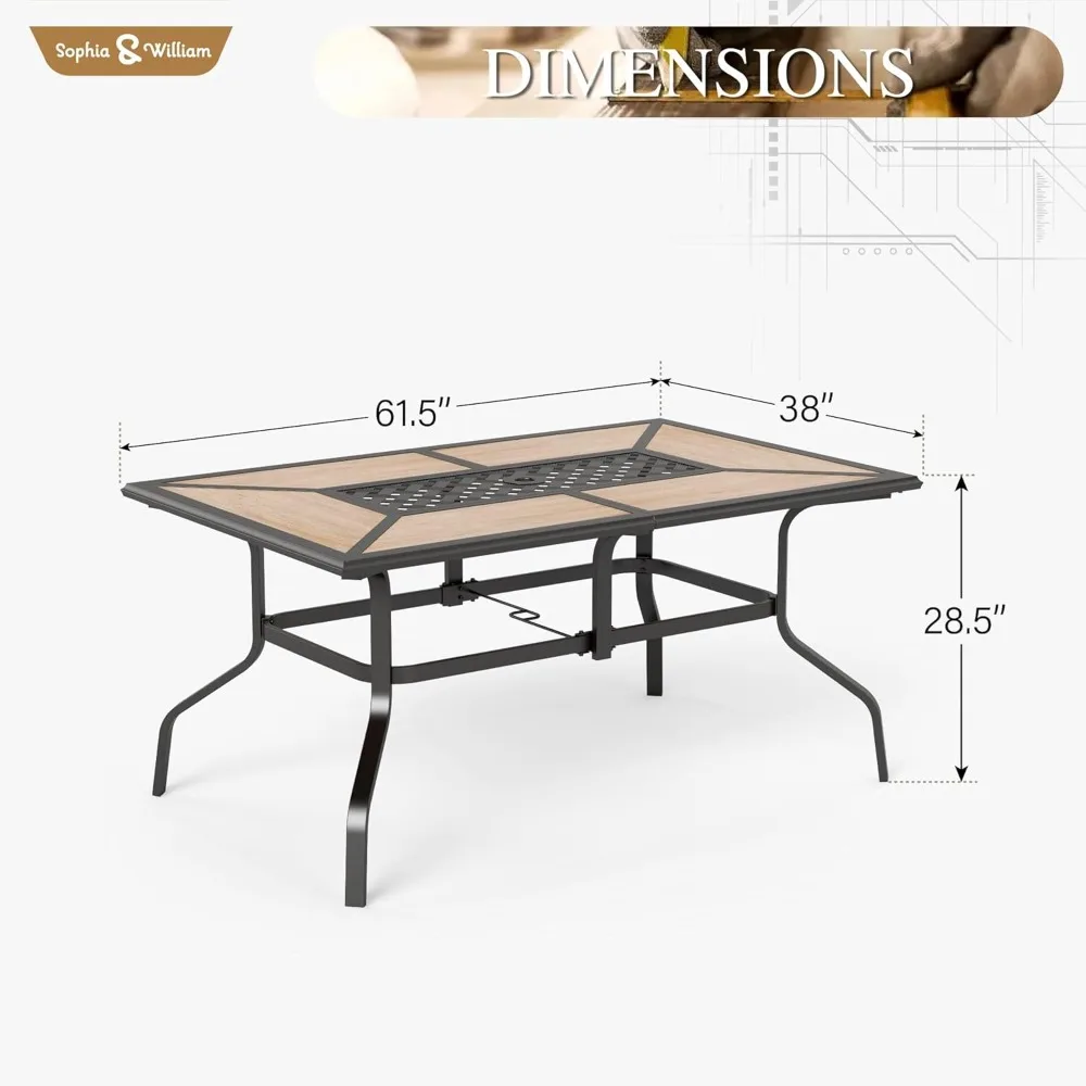 Rectangular Outdoor Dining Table with 1.6"-2" Adjustable Umbrella Hole, 6 Person Patio Table for Outdoor, Rectangle Patio Table