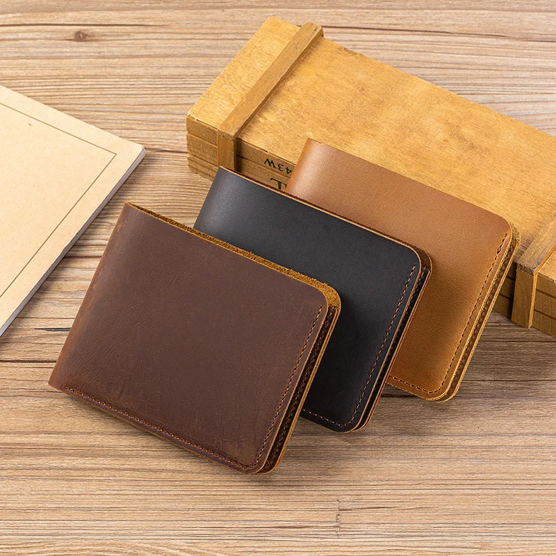 New Men Crazy Horse Leather Short Wallet Unique Niche Design Genuine Leather Billfold Small Purse for Men