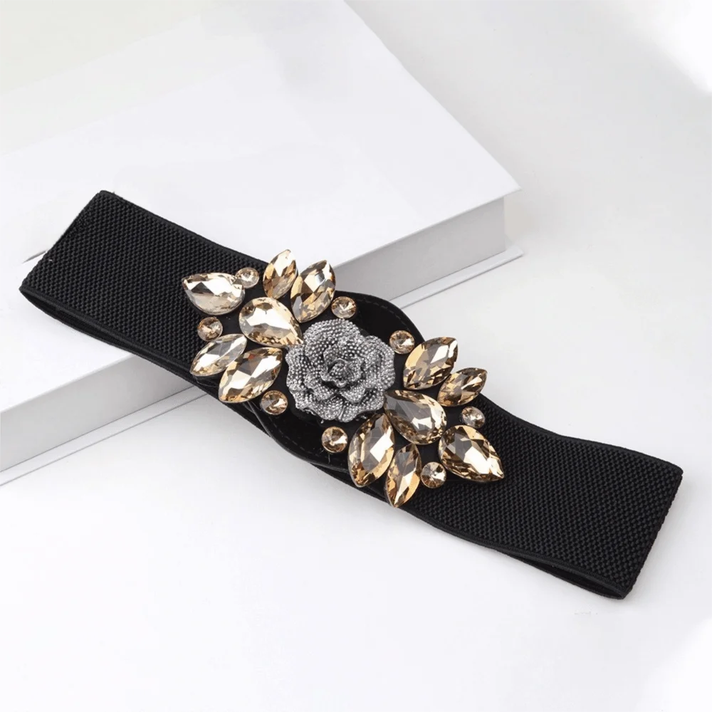 Casual Rose Flower Elastic Cummerbunds Wide Korean Style Women Waistband Strap Belt Black Rhinestone Waist Belt Dress