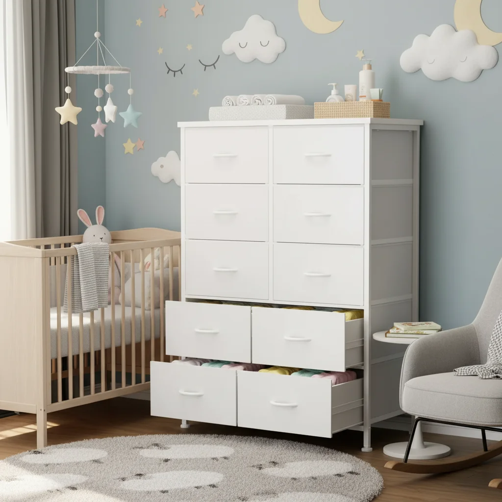 خزانة قماش ذات 8 أدراج مع سطح من الخشب الريفي، منظم خزانة عريض طويل القامة لغرفة النوم والحضانة والنوم، أبيض