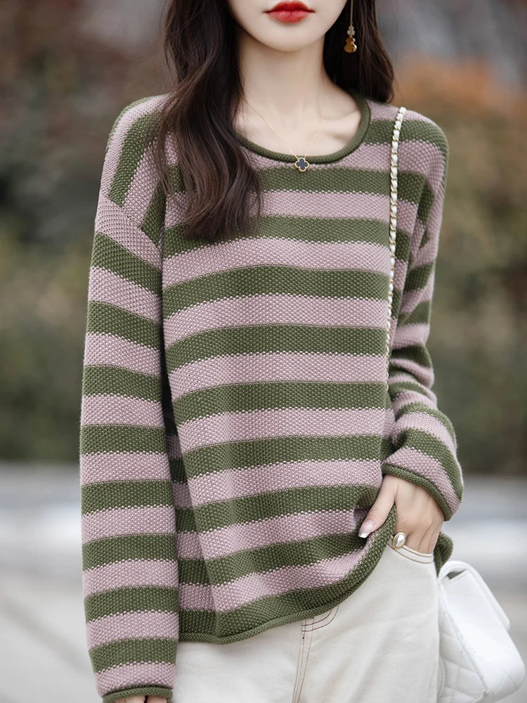 Spring Autumn Cotton Sweaters Women O-neck Curled Edge Striped Female Long Sleeve Tops Korean Fashion Loose Oversized Pullovers