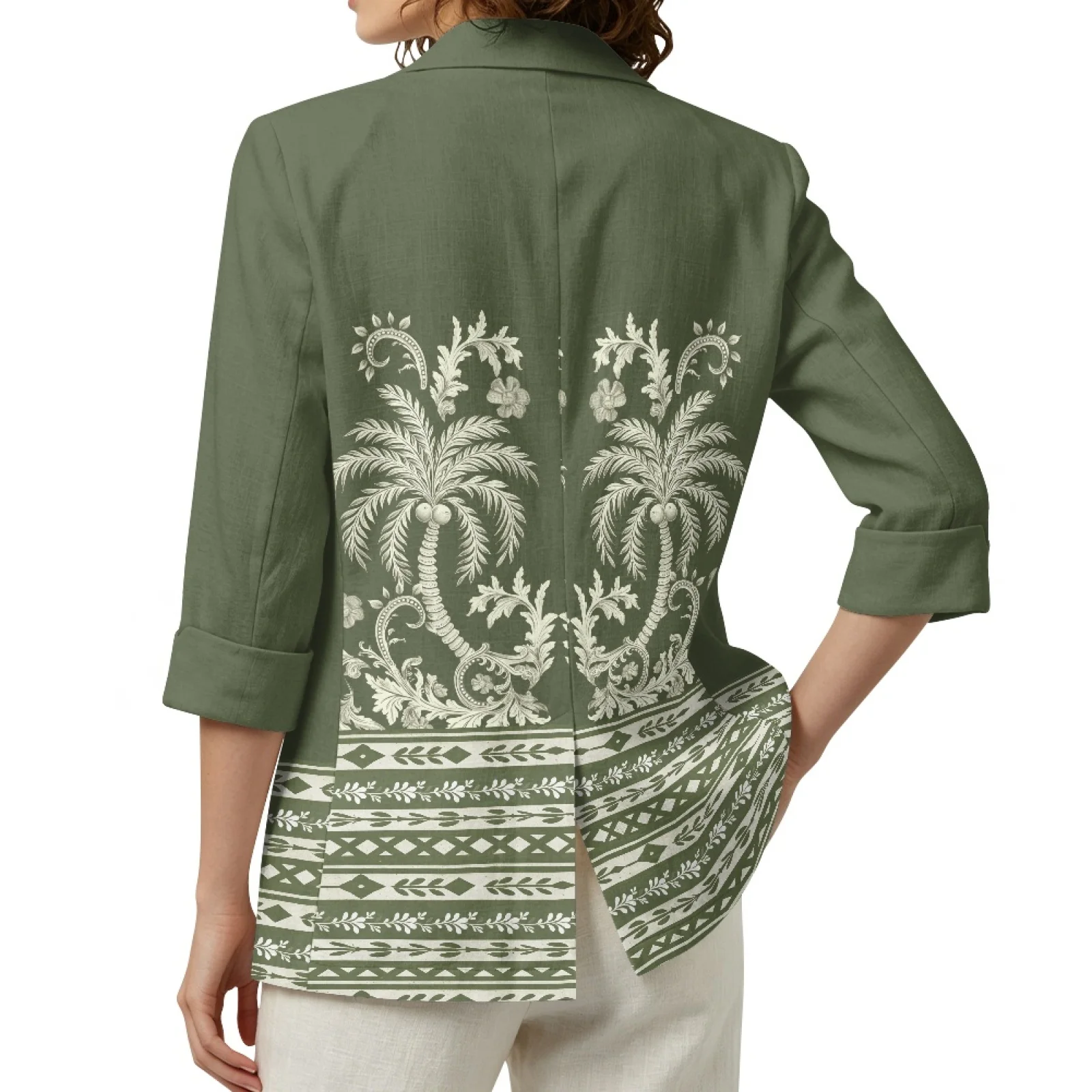 PENSTROLL Palm Tree Design Open Front Beach Cardigan for Beachwear Linen Like Business Jacket S-3XL