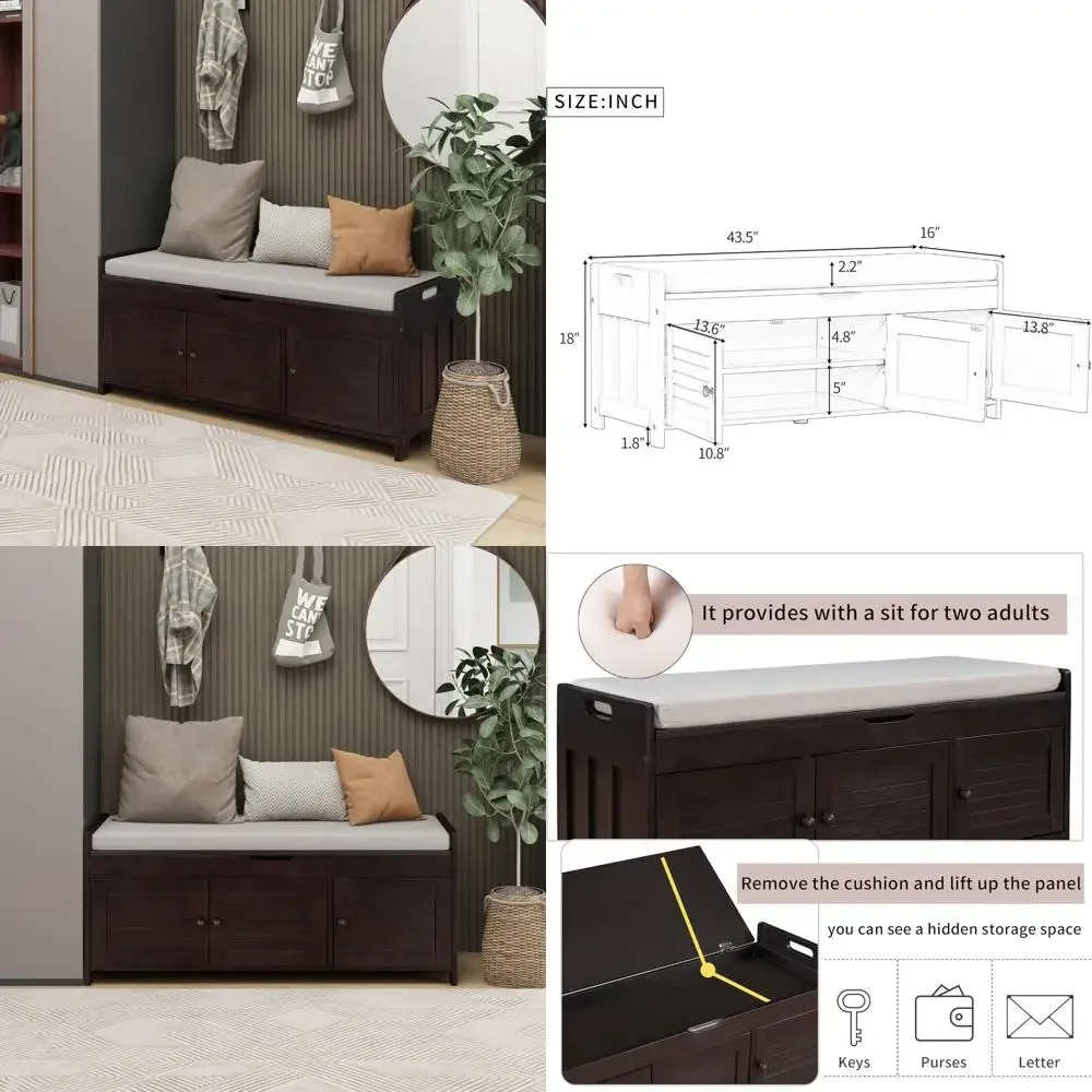 

Деревянная скамья для хранения вещей с 3-мя дверцами, отделкой для эспрессо, съемной подушкой и скрытым хранилищем для обуви